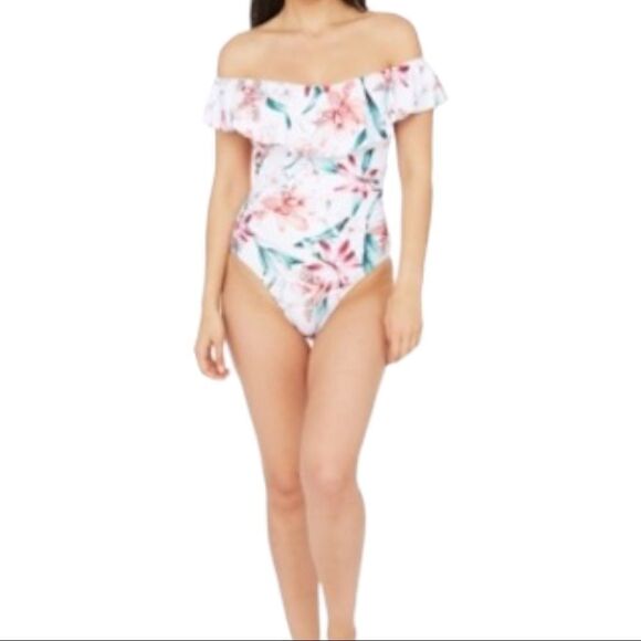 LA Blanca Womens Off Shoulder Ruffle One Piece Swimsuit - Picture 3 of 14